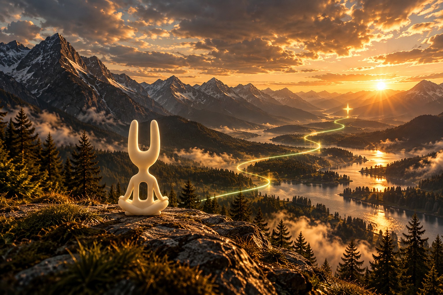 RESO-Figur auf einem Felsen mit Blick über ein Bergtal